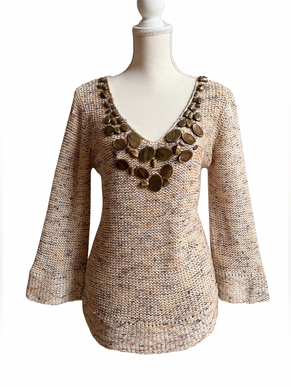 Vintage BCBGMAXAZRIA Beaded V-Neck Knit Sweater in Beige and Gold